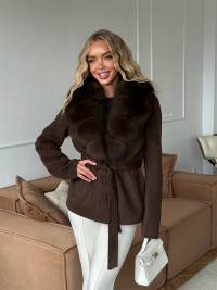 Women's Elegant Faux Fur Collar Tie-Waist Woolen Coat teemdrop