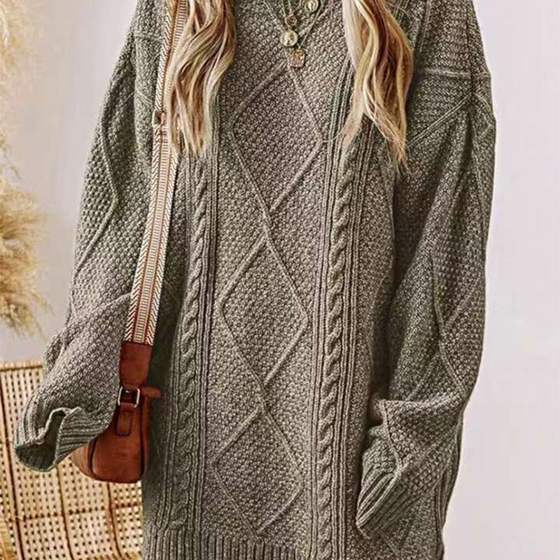 Women's Arctic Velvet Twist Pattern Mid-Length Loose Pullover Sweater teemdrop