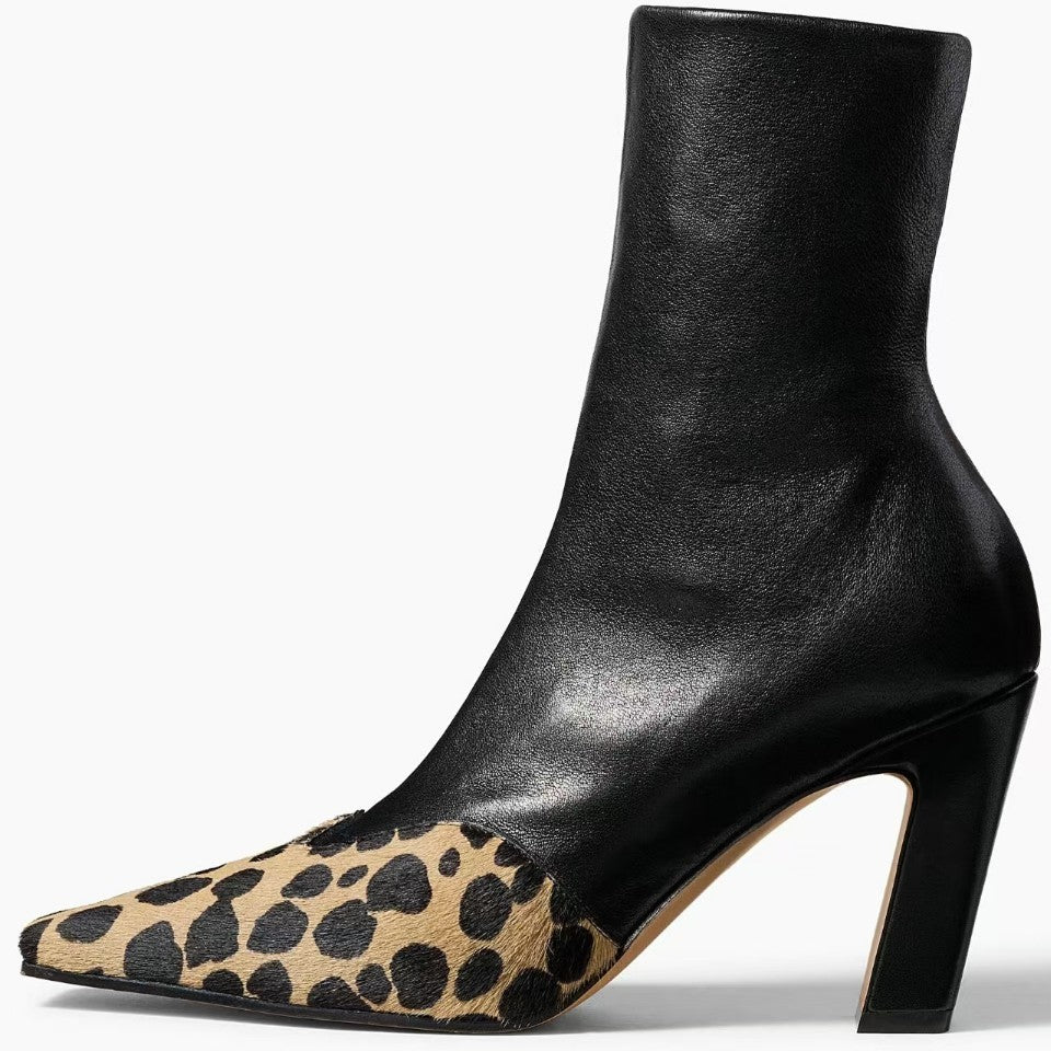 Women Elegant Cowhide Pointed Toe Ankle Boots Low Heel Slip On Elastic Booties