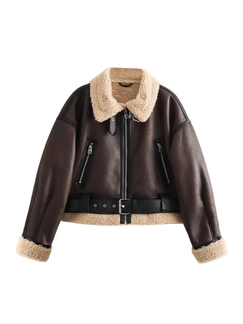 Faux Fur Leather Short Zip-Up Jacket teemdrop