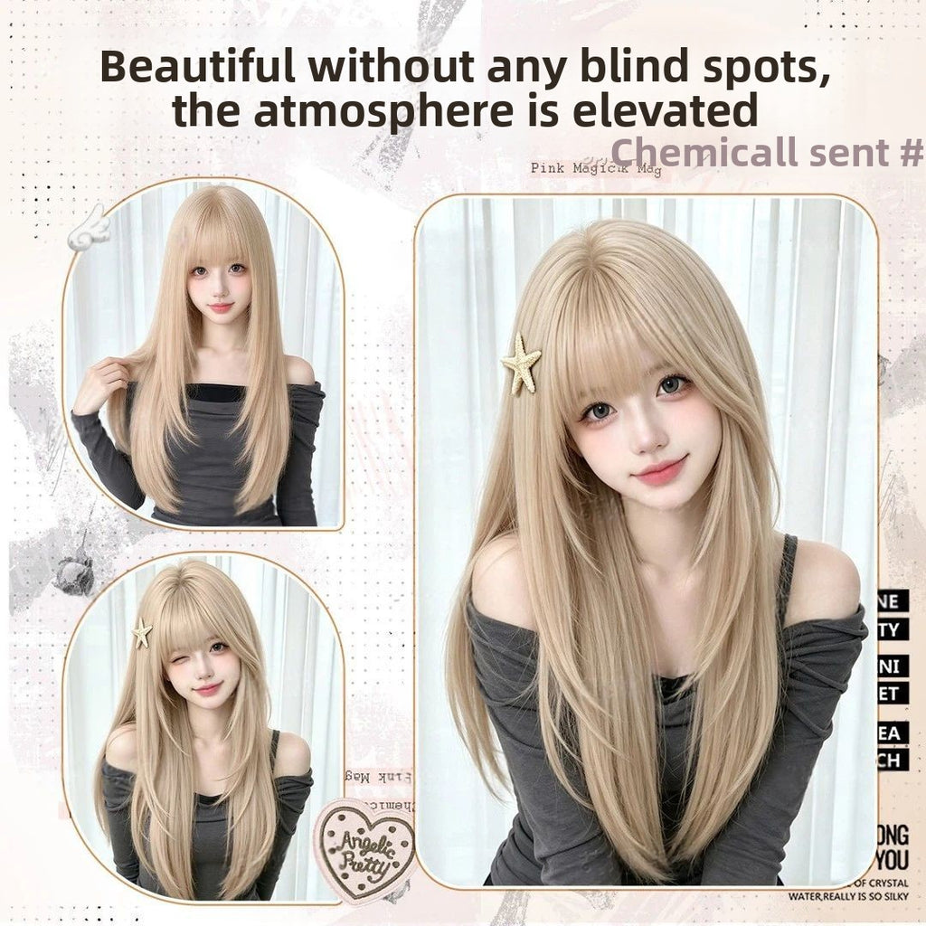 Women Korean Style Layered Long Straight Wig with Air Bangs Natural Look Heat Resistant Fiber Hair teemdrop