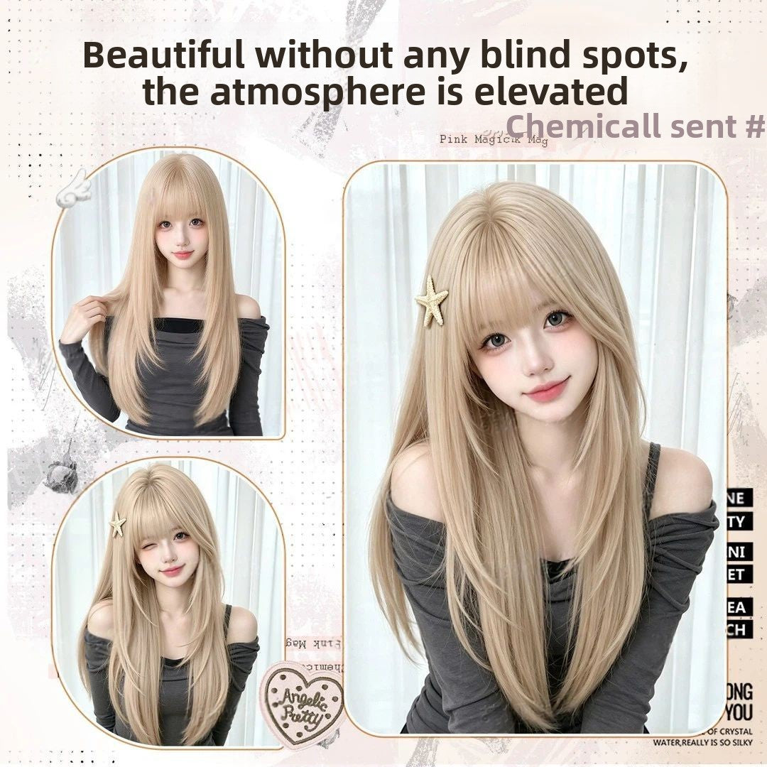 Women Korean Style Layered Long Straight Wig with Air Bangs Natural Look Heat Resistant Fiber Hair teemdrop