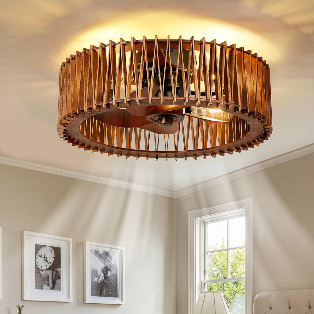 Wabi-Sabi Wooden Fan Chandelier Vintage Ceiling Lamp with Remote Control teemdrop