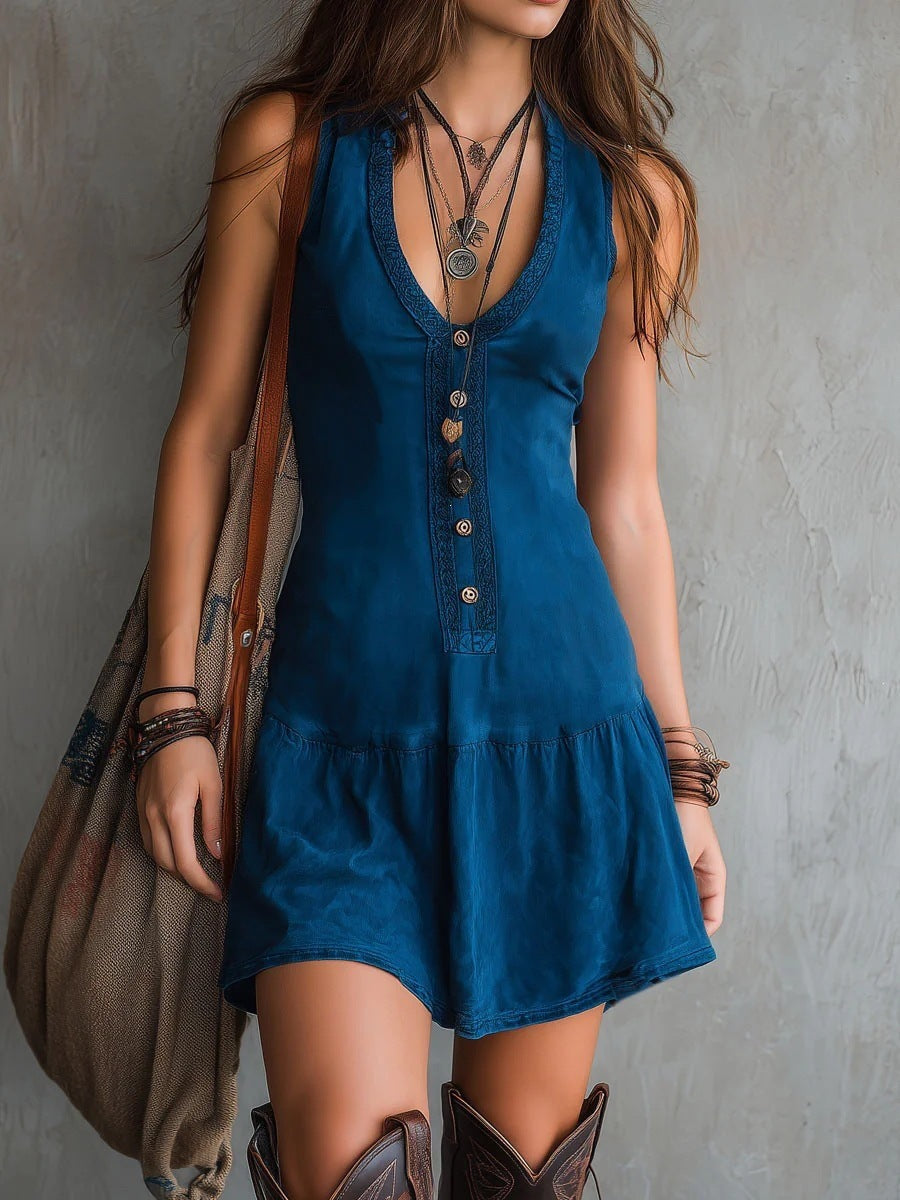 Women's Sleeveless U-Neck Lace Button A-Line Short Dress