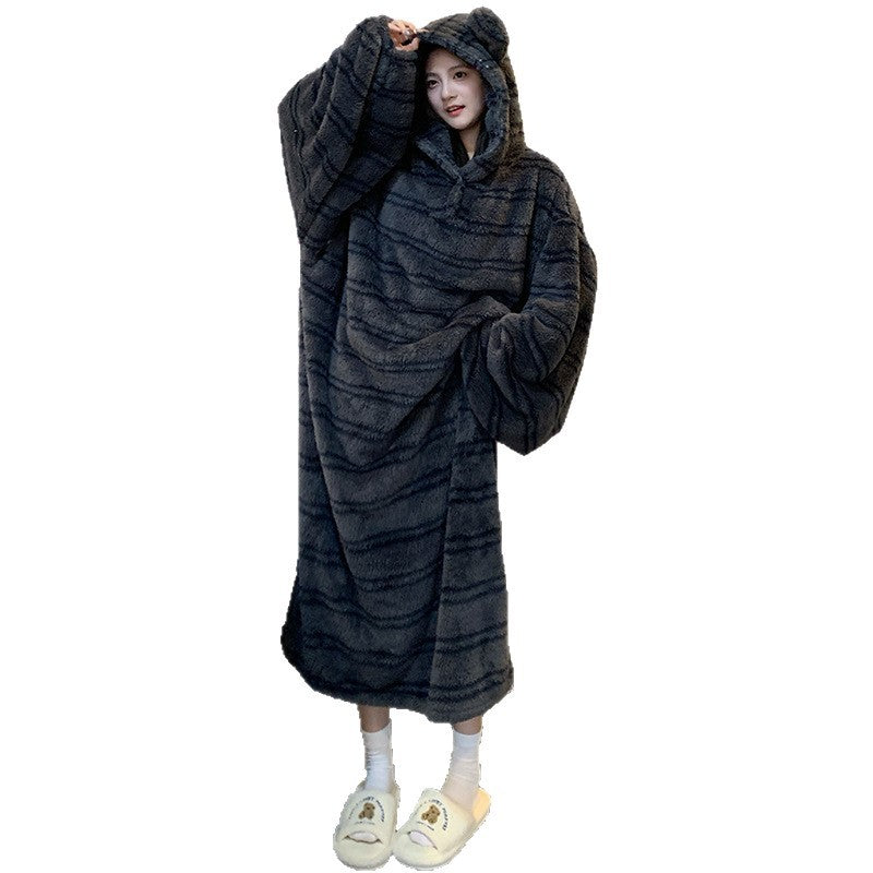 Women's Thickened Coral Fleece Hooded Nightgown Oversized Winter Warm Robe teemdrop