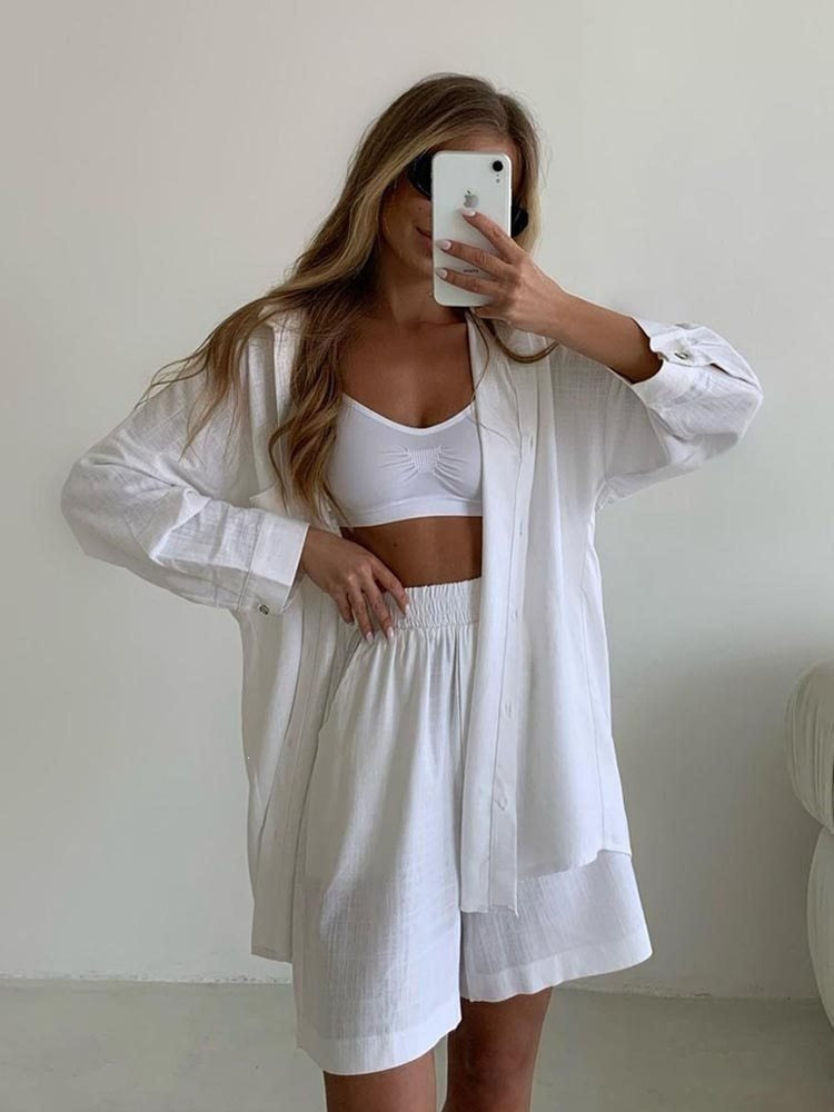 Women's Solid Lapel Shirt and High-Waist Shorts Casual Two-Piece Set teemdrop
