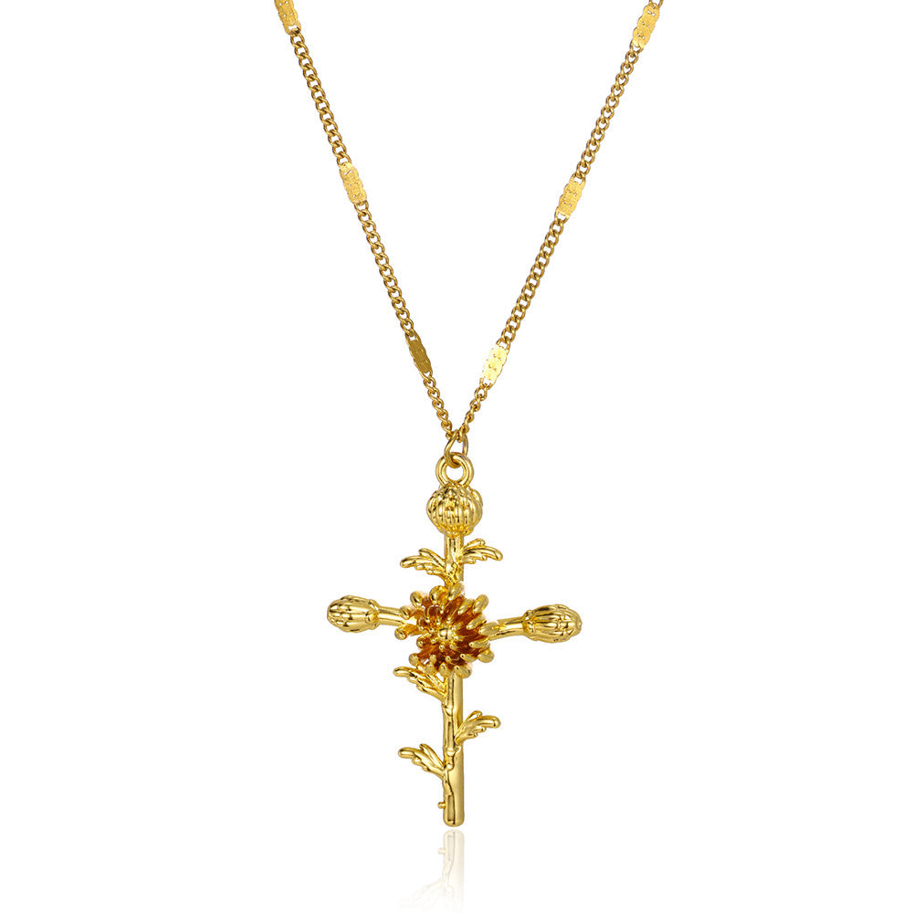 Gold Plated 3D Flower Cross Neckla teemdrop