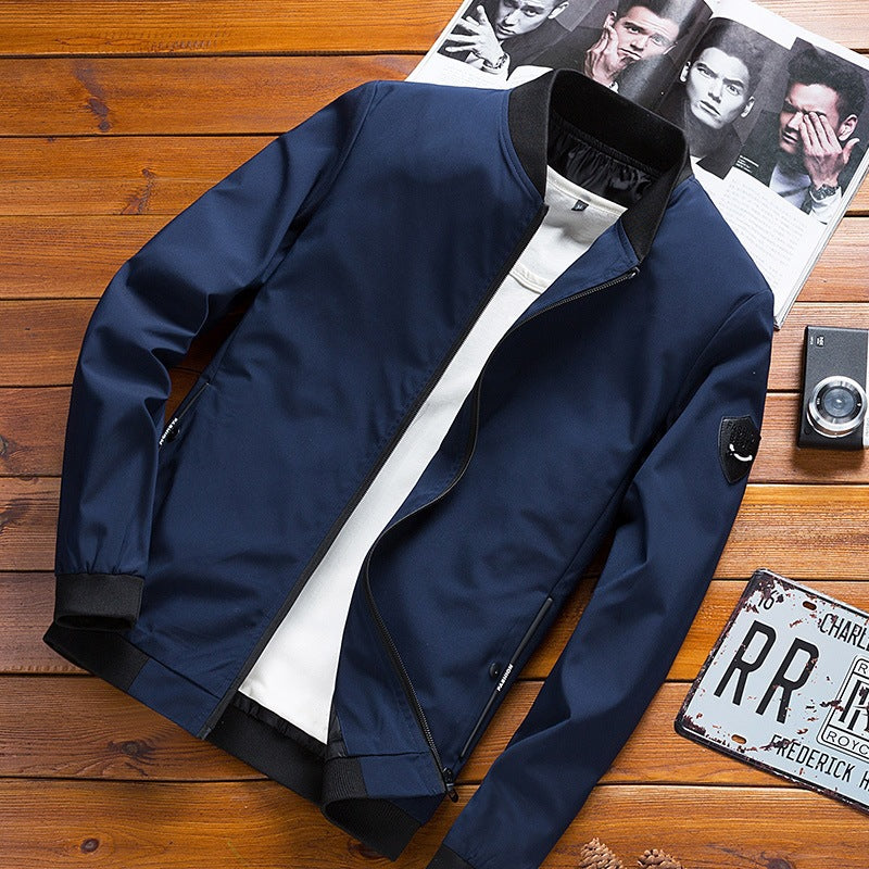 Men's Slim Fit Stand Collar Zip-Up Jacket, Solid Color Long Sleeve Breathable Outerwear teemdrop