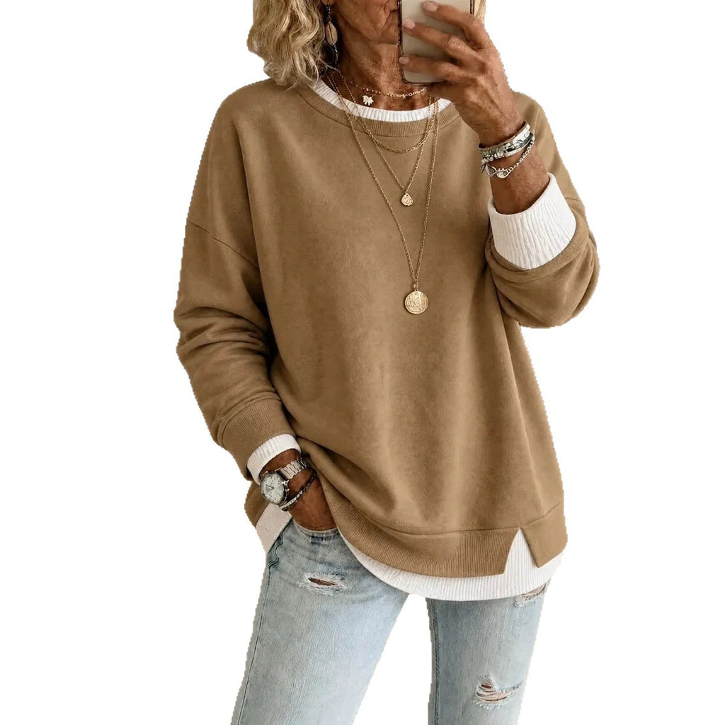 Women's Fake Two-Piece Ribbed Split Hem Round Neck Long Sleeve Pullover teemdrop