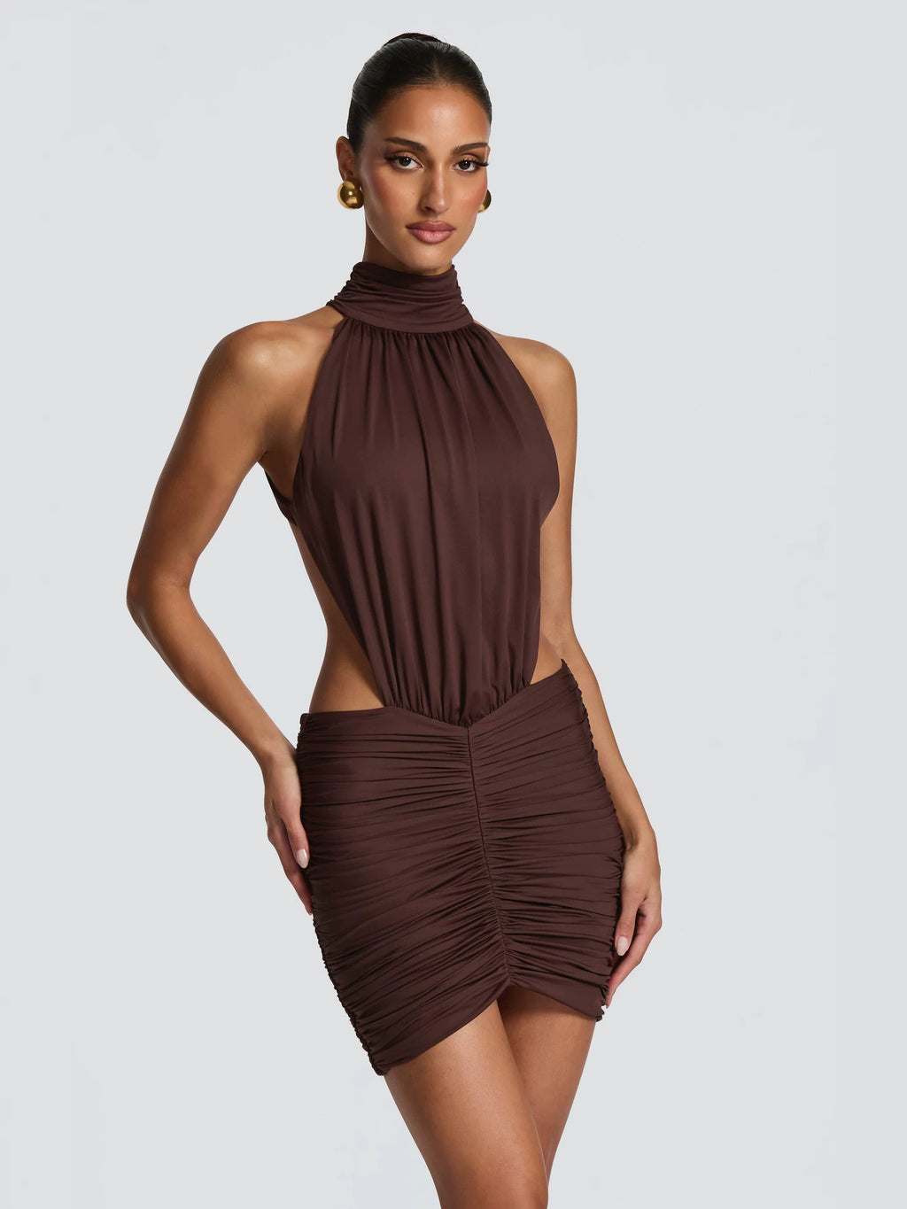 Women's Halter Neck Cut-Out Ruched Bodycon Mini Dress Sleeveless teemdrop