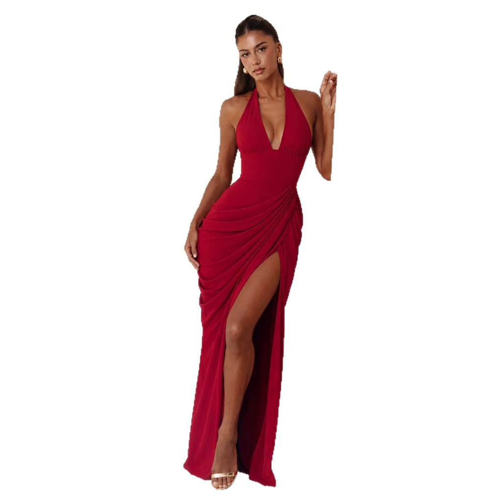 Womens Halter Neck V-Neck Backless Slit Long Dress with Pleats