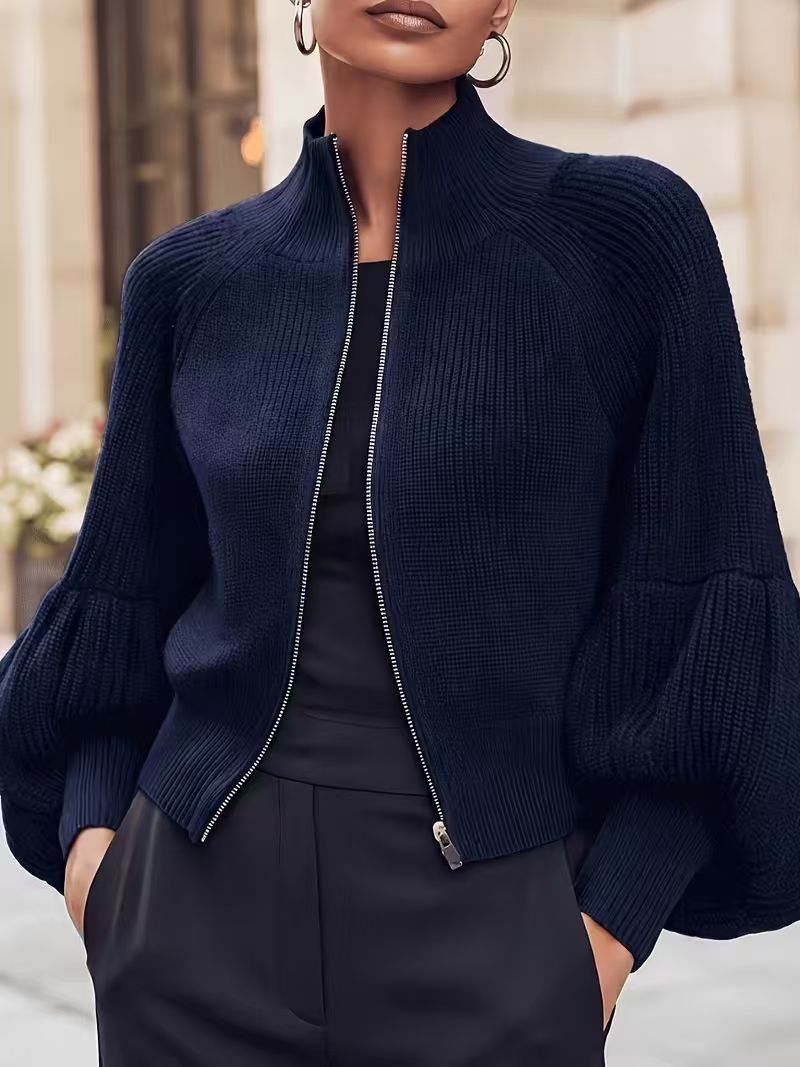 Women's Stand Collar Zip-Up Lantern Sleeve Textured Knit Sweater teemdrop