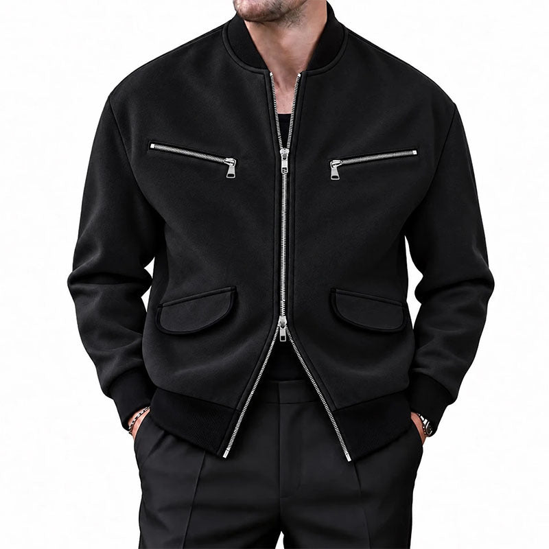 Men's Stand Collar Zipper Jacket Solid Color Casual Long Sleeve Outerwear teemdrop