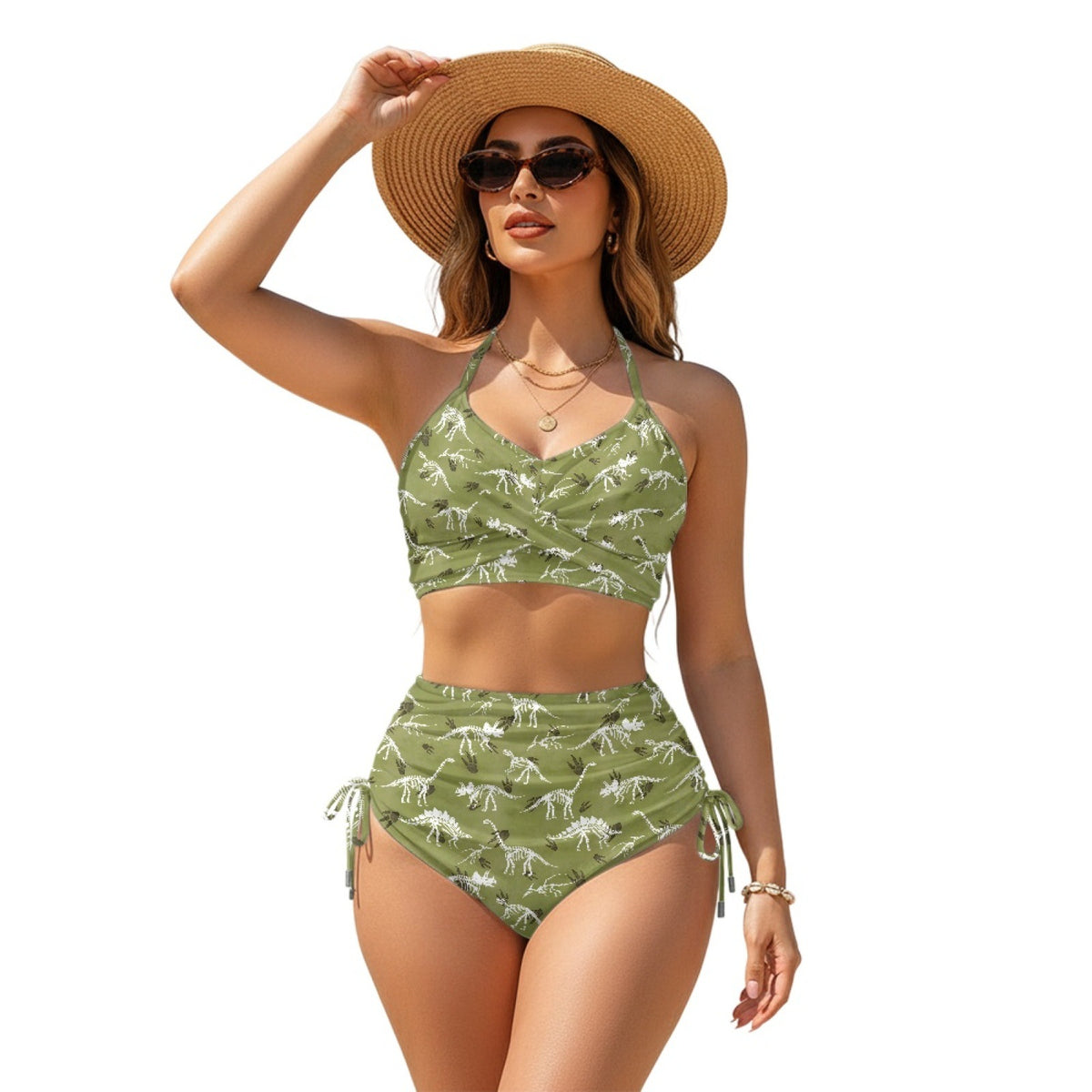 Women Sexy Animal Print High-Waist Drawstring Two-Piece Bikini Swimsuit teemdrop