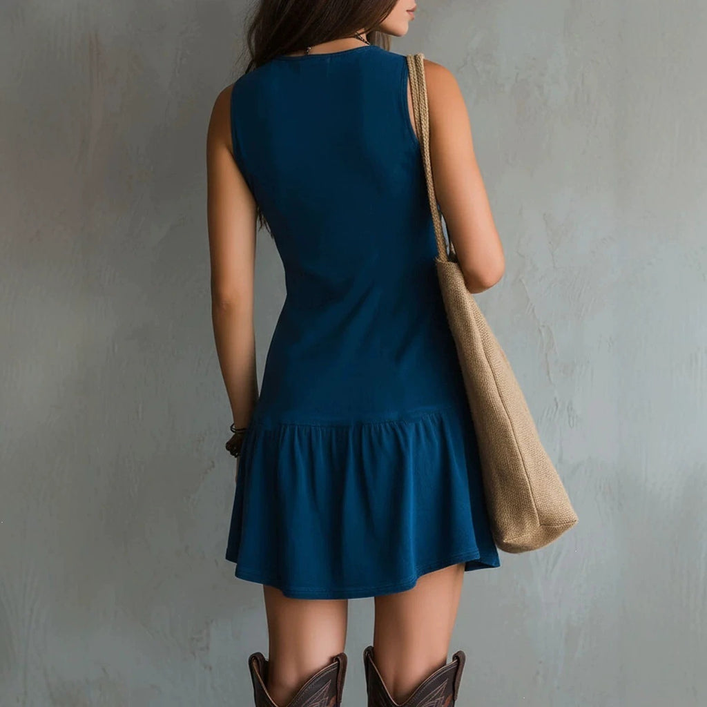 Women's Sleeveless U-Neck Lace Button A-Line Short Dress