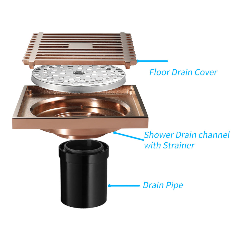Rose Gold Copper Anti-Odor Concealed Tile Insert Square Linear Floor Drain teemdrop
