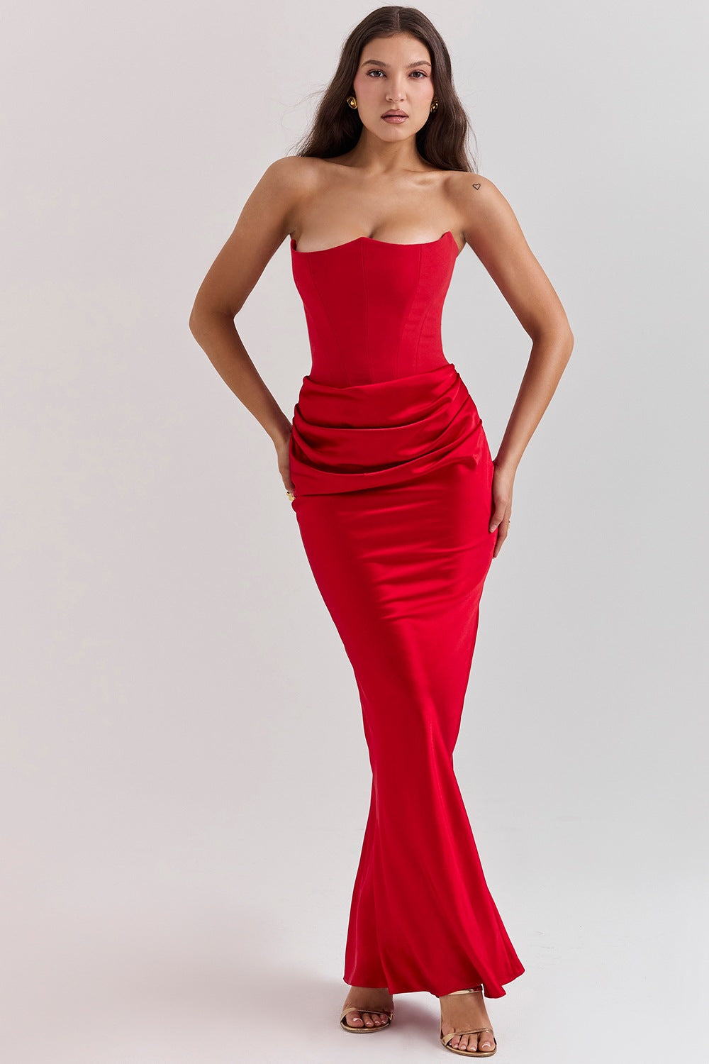 Women's Satin Off-Shoulder Pleated Long Bodycon Dress teemdrop