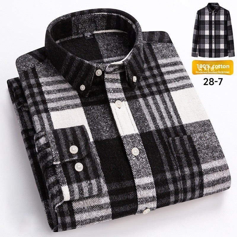 Men's 100% Cotton Thickened Brushed Plaid Long Sleeve Button Down Shirt