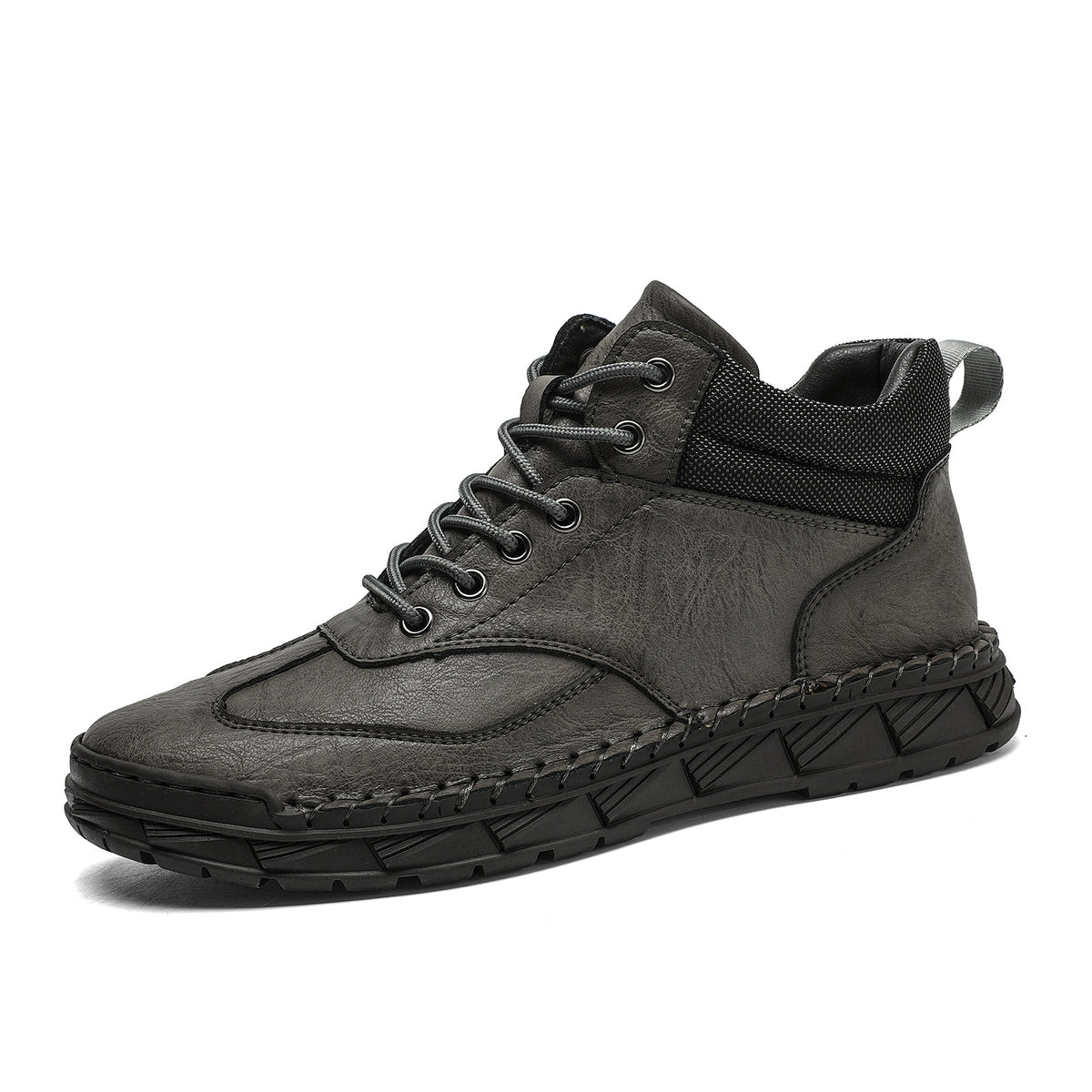 Mens Hand-Stitched PU Leather Lace-Up Flat Ankle Boots