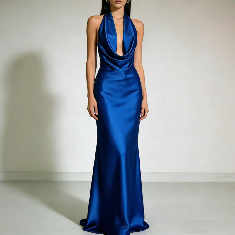 Women's Satin Halter Neck Backless Floor Length Evening Dress teemdrop