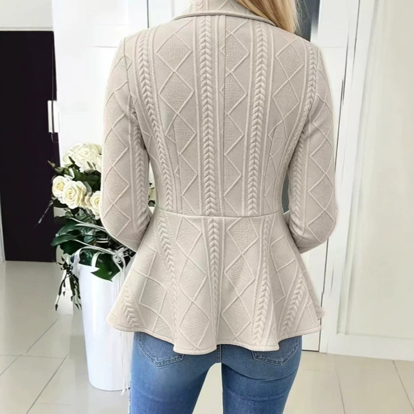 Women's Diamond Pattern Knit Cardigan with Ruffle Hem and Gold Buttons teemdrop