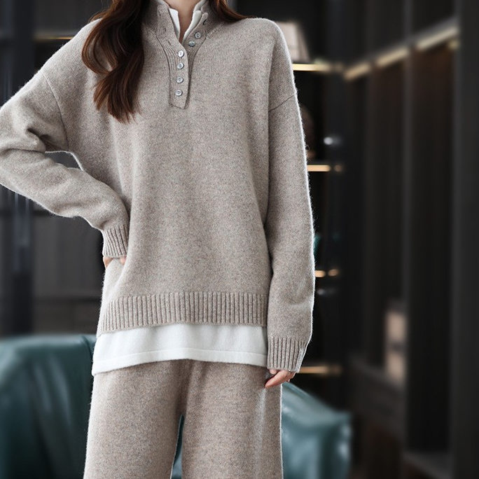 Women's Wool Knit Two-Piece Set Loose Sweatshirt Wide-Leg Pants Casual Suit teemdrop