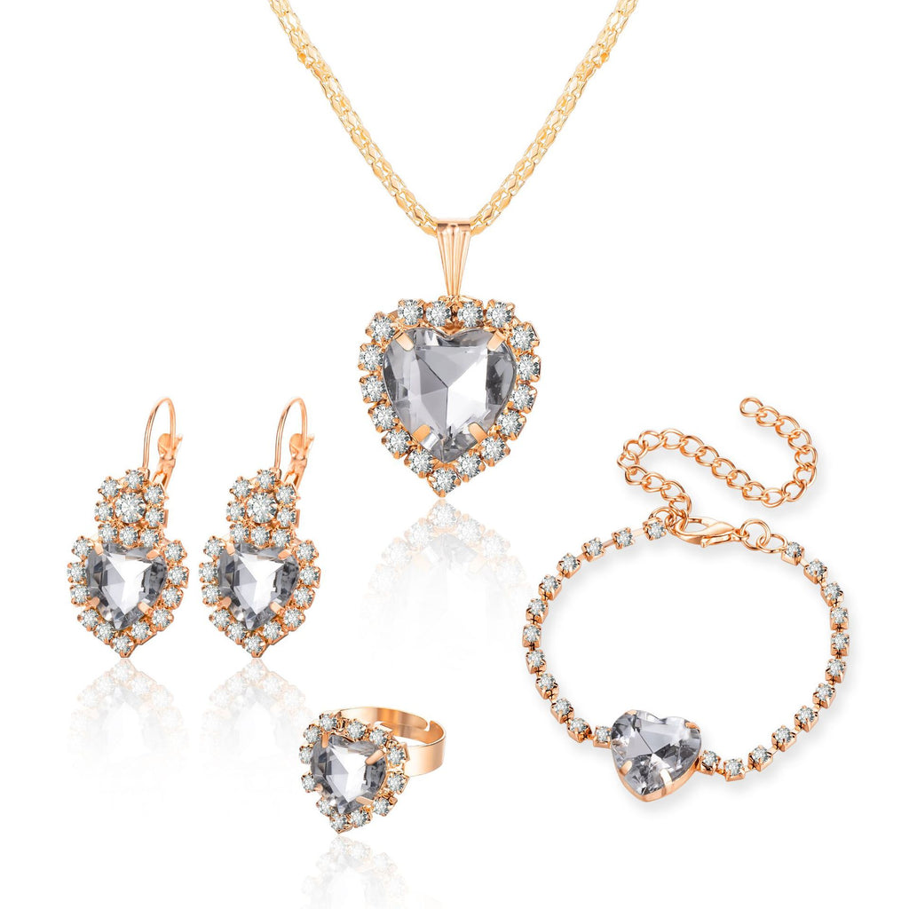 European and American Personalized Water Drop Rhinestone Necklace Earrings Ring Set