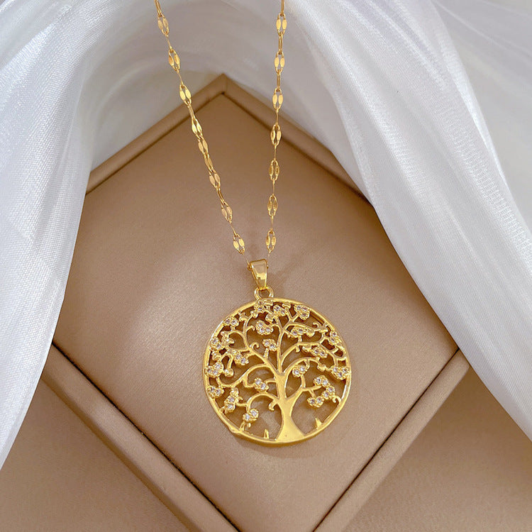 Titanium Steel Tree of Life Pendant Light Luxury Clavicle Necklace Gold Color
