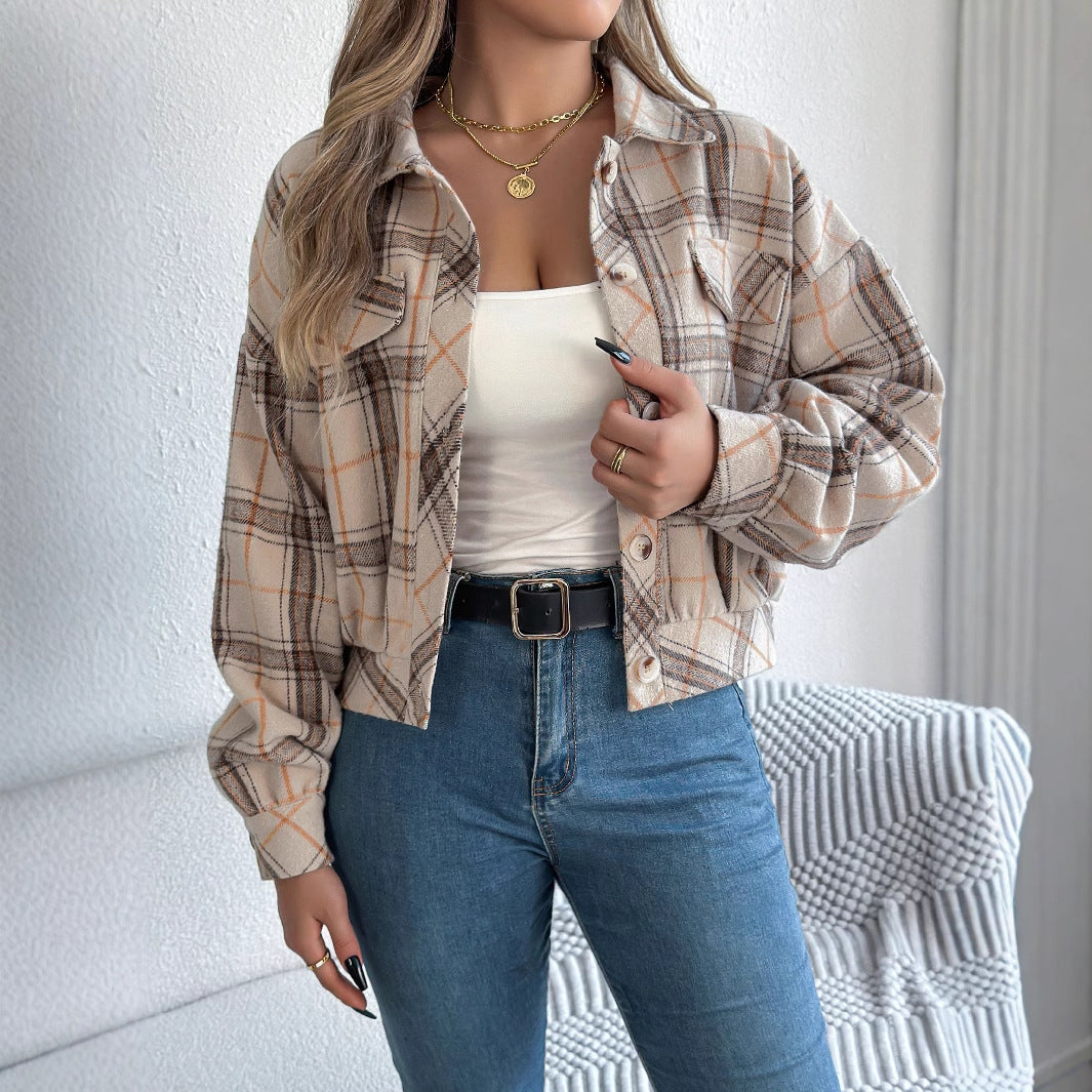 Women's Plaid Long Sleeve Lapel Woolen Jacket with Button Closure teemdrop