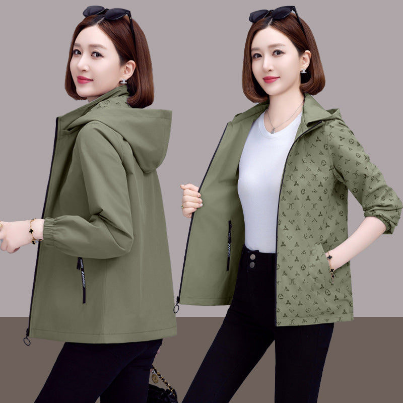 Women Reversible Hooded Long Sleeve Loose Polyester Windbreaker Jacket teemdrop