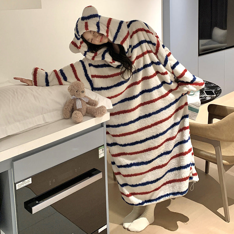 Women's Thickened Coral Fleece Hooded Nightgown Oversized Winter Warm Robe teemdrop