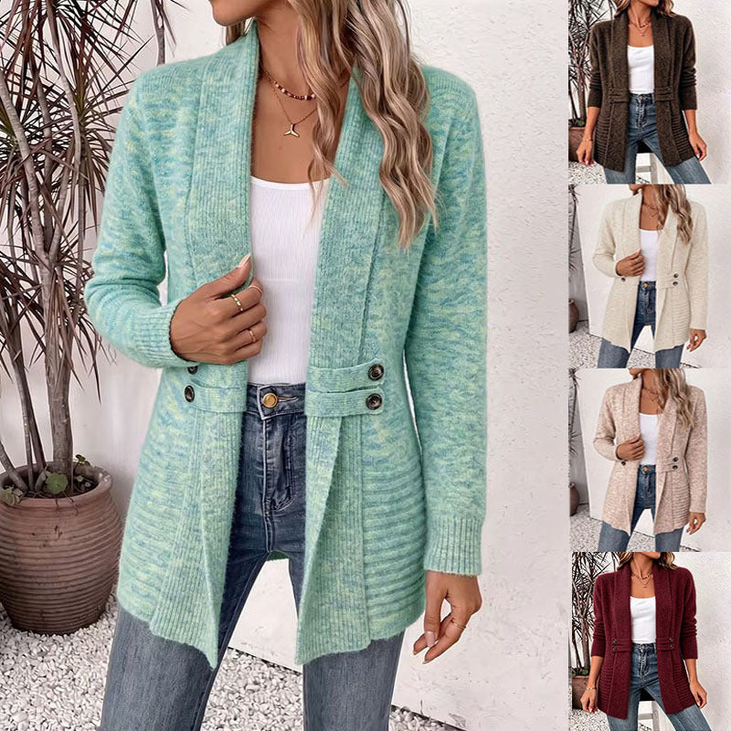 Women's Mid-Length Double-Breasted Knitted Cardigan Sweater teemdrop