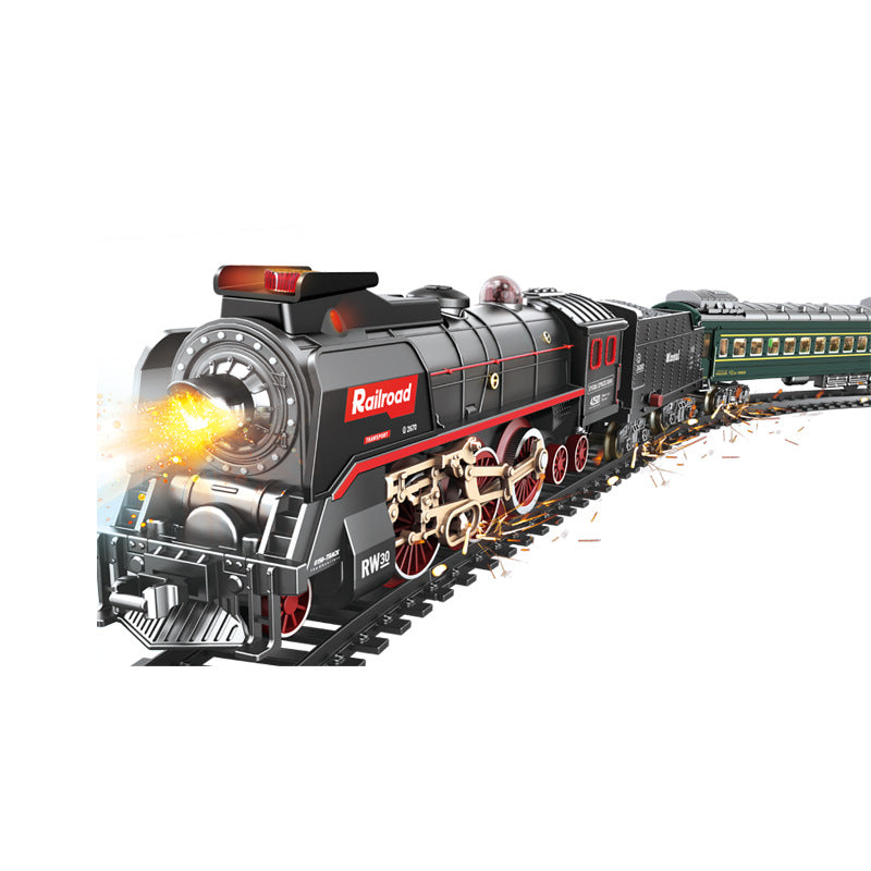 Retro Steam Train Toy Model with Remote Control Light Sound and DIY Track Set