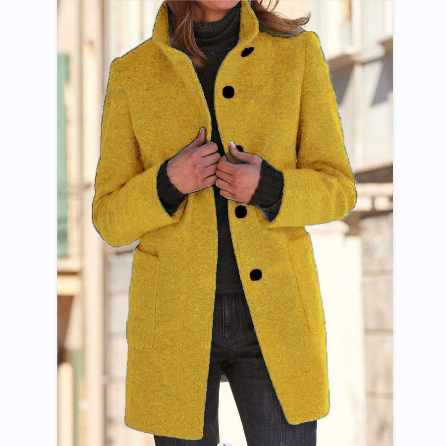 Womens Retro Solid Color Buttoned Stand Collar Coats