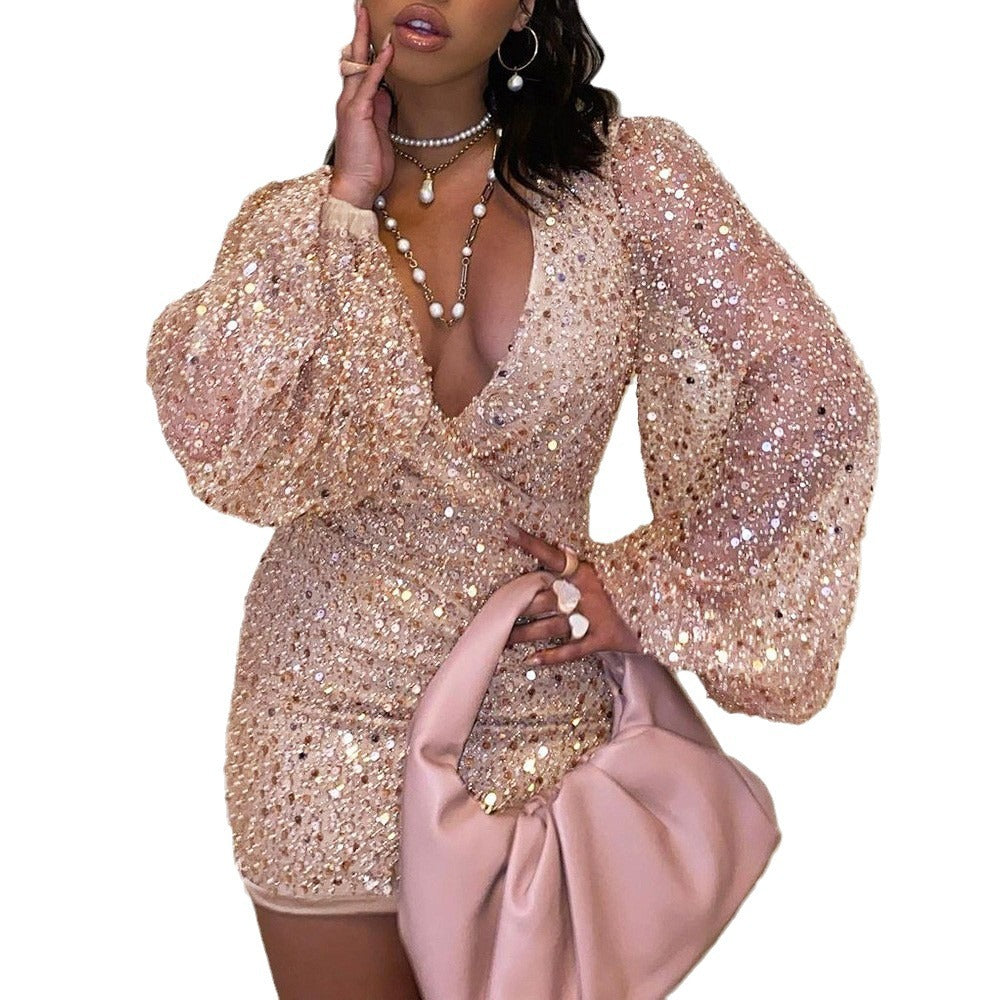 2027 New Cross-Border European and American Women's Clothing Amazon Wish Dress Long-Sleeved V-Neck Sequined Waist-Hugging Short Skirt