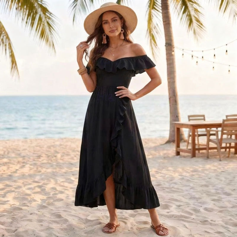 Women's Sleeveless V-Neck Ruffle Long Dress with Slit teemdrop