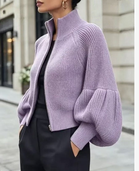 Women's Textured Knit Stand Collar Balloon Sleeve Cardigan teemdrop