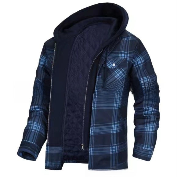 Autumn and Winter Cotton Outwear Plaid Long-Sleeved Loose Hooded Jacket teemdrop