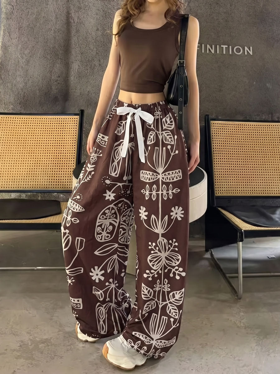 Women's Artistic Print High-Waist Wide-Leg Cotton Casual Pants teemdrop
