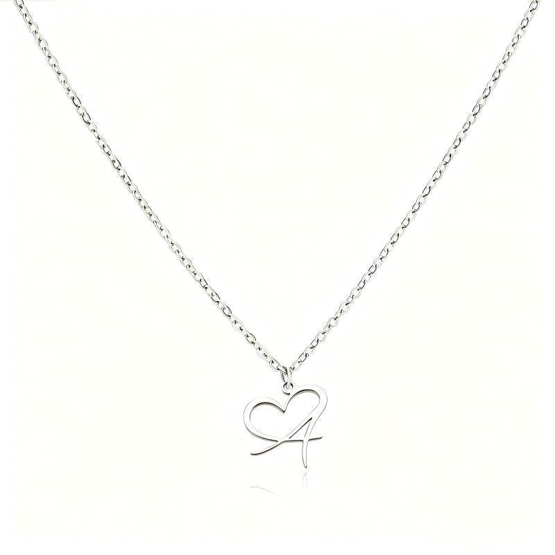 Stainless Steel Heart Initial Letter Pendant Necklace for Women