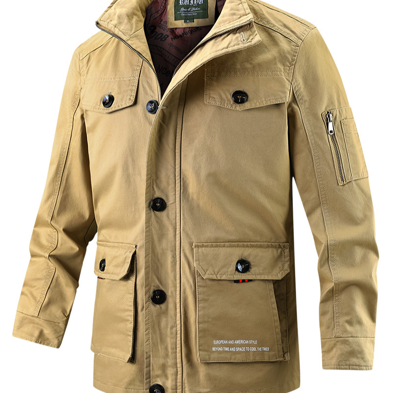Men's cotton casual jacket with hood and stand-up collar, long and full-length coat