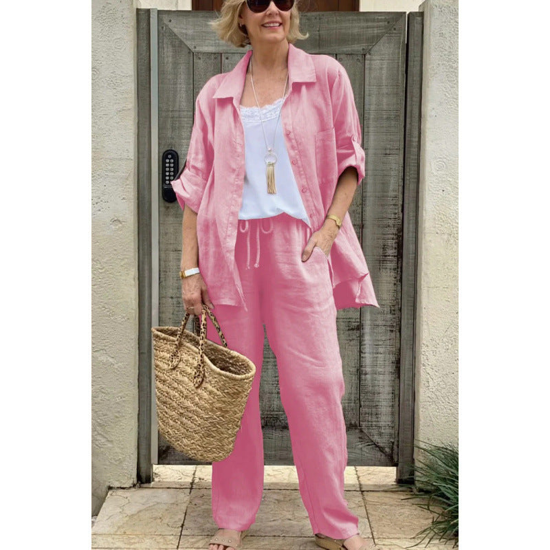 Women's Linen Blend Long Sleeve Shirt Trousers Suit