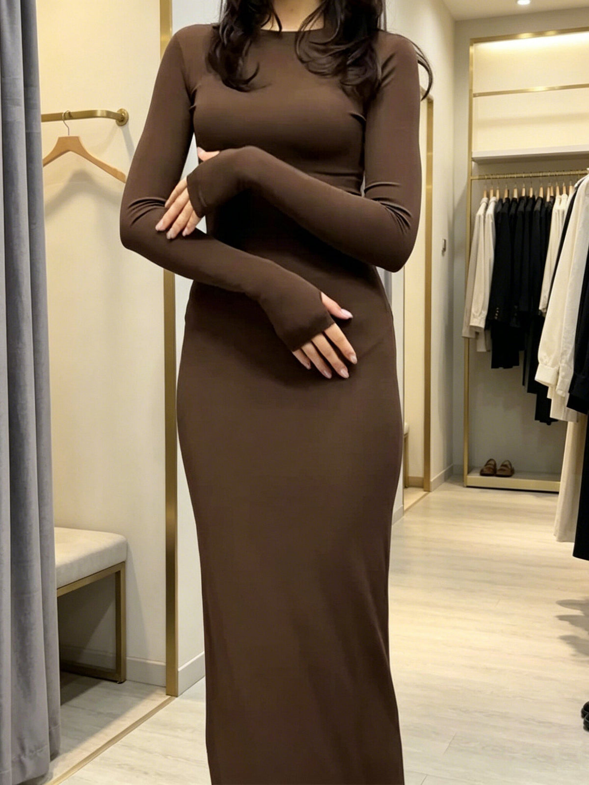 Women's Solid Bodycon Long Sleeve Long Dress teemdrop