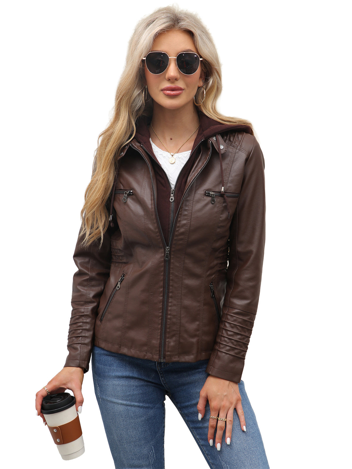 Women's Faux Leather Hooded Jacket Two-Piece Set Slim Fit Long Sleeve teemdrop