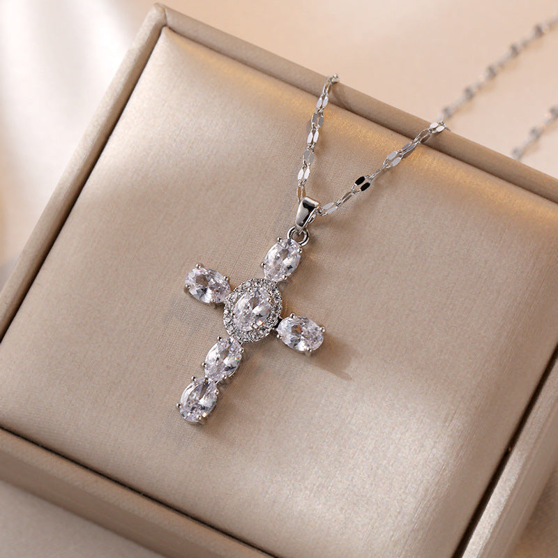 Women's Retro Cross Pendant Titanium Steel Lip Chain Necklace