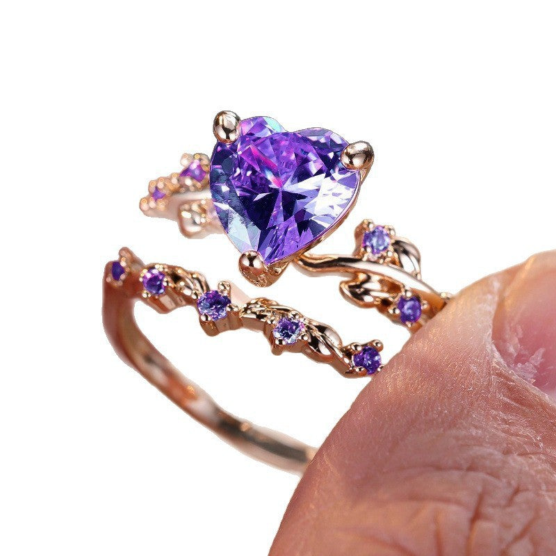 Heart-Shaped Zircon Inlaid Couple Ring
