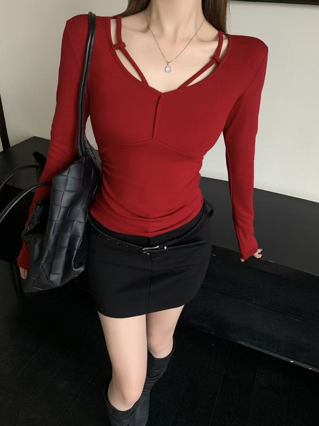 Women's Long Sleeve High Elastic Merino Wool Blend Slim-Fit Knit Top teemdrop