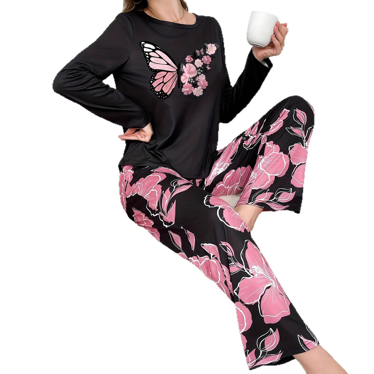 Womens Cartoon Print Pajama Set Long Sleeve Lounge Wear
