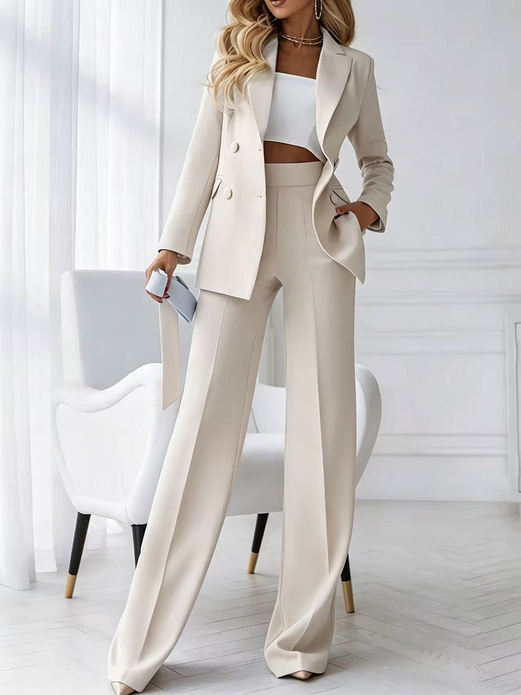 Womens Double-Breasted Blazer and Wide-Leg Pants Suit Set teemdrop