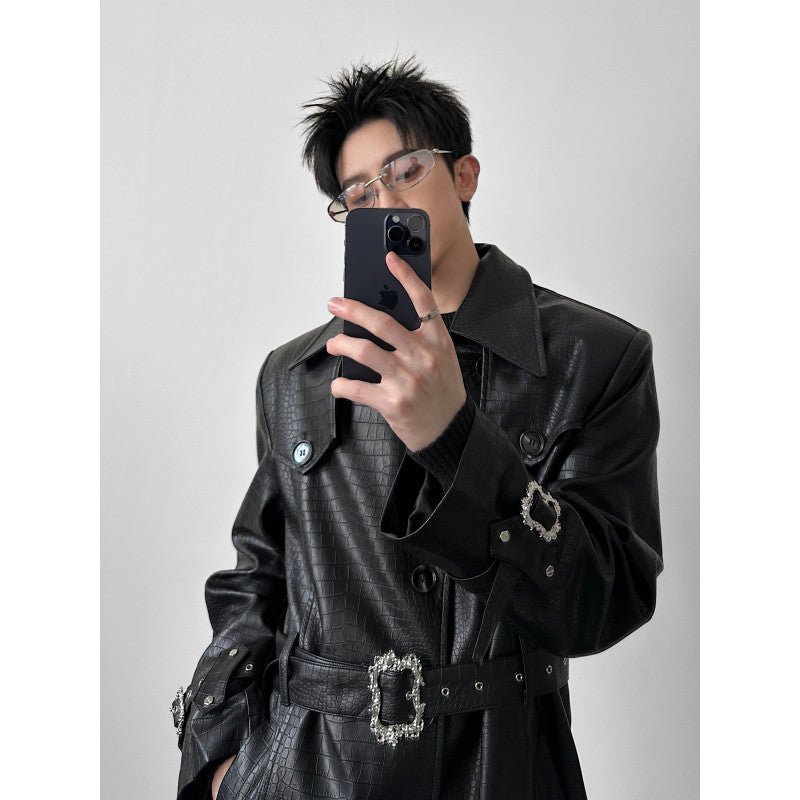 Men's Crocodile Embossed Leather Trench Coat Long Slim Fit Black teemdrop